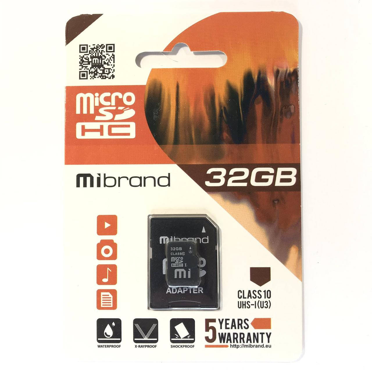 

Карта памяти Mibrand microSDHC 32GB Class 10 UHS-1 + SD адаптер (MICDHU1/32GB-A)