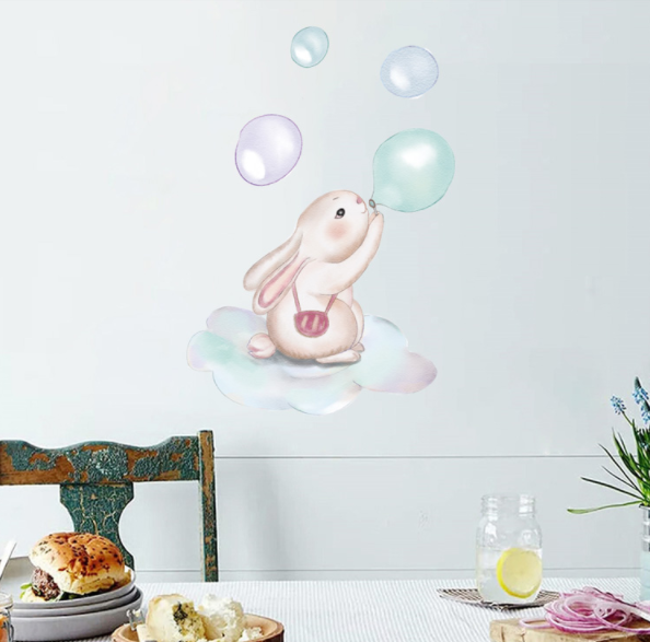 

Наклейка на в детскую на стены, шкаф, мебель "зайка надувает шарики" (лист 30*60см), Разные цвета