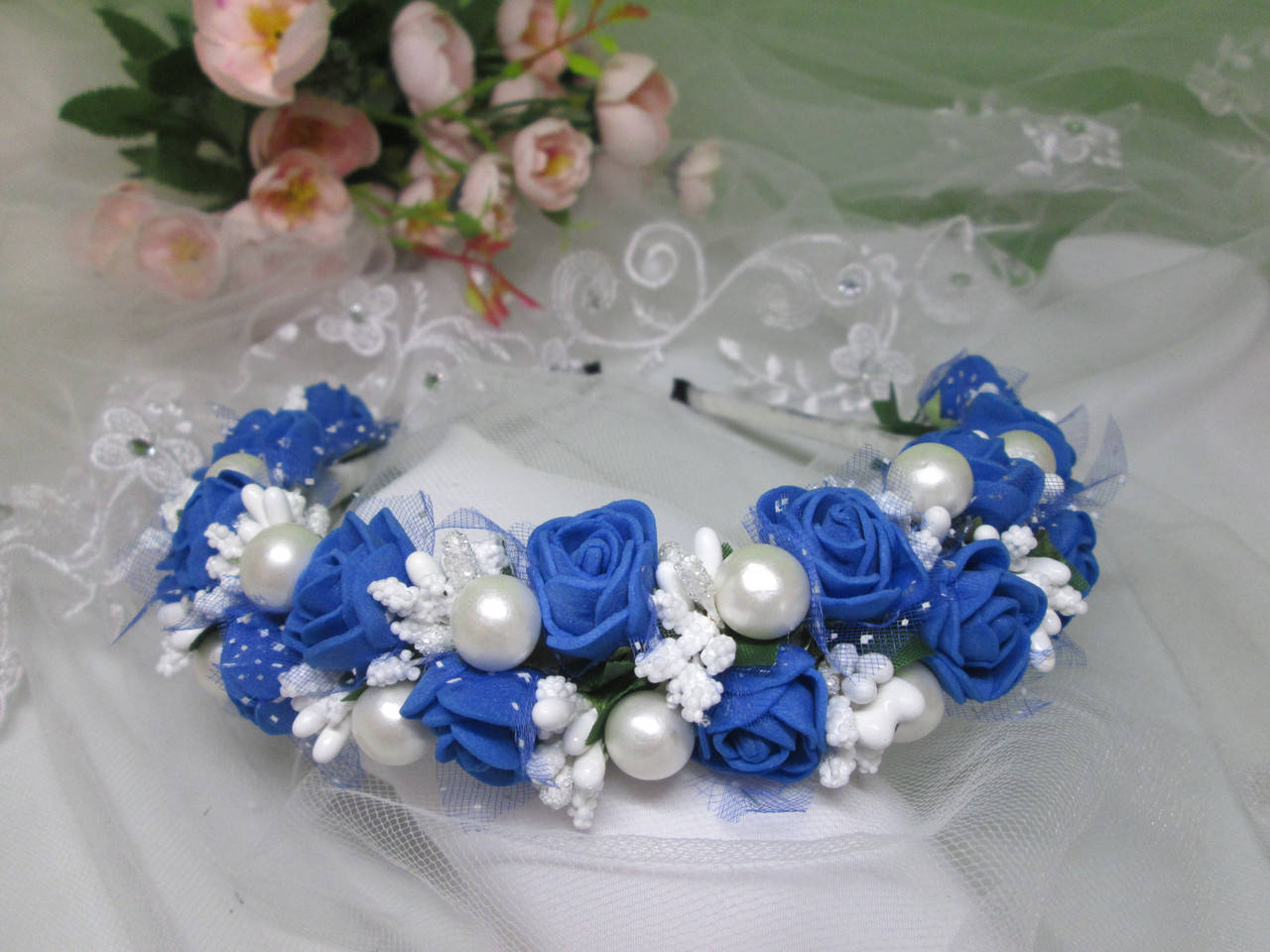 

Обруч-віночок з квітами, різні кольори Синій+білий
