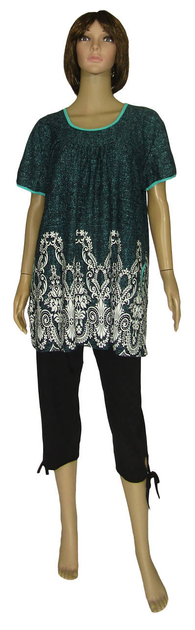 

Костюм - комплект женский летний, туника и бриджи 19044К Dasha Batal коттон Серо-зеленый с белым узором, Зелёный