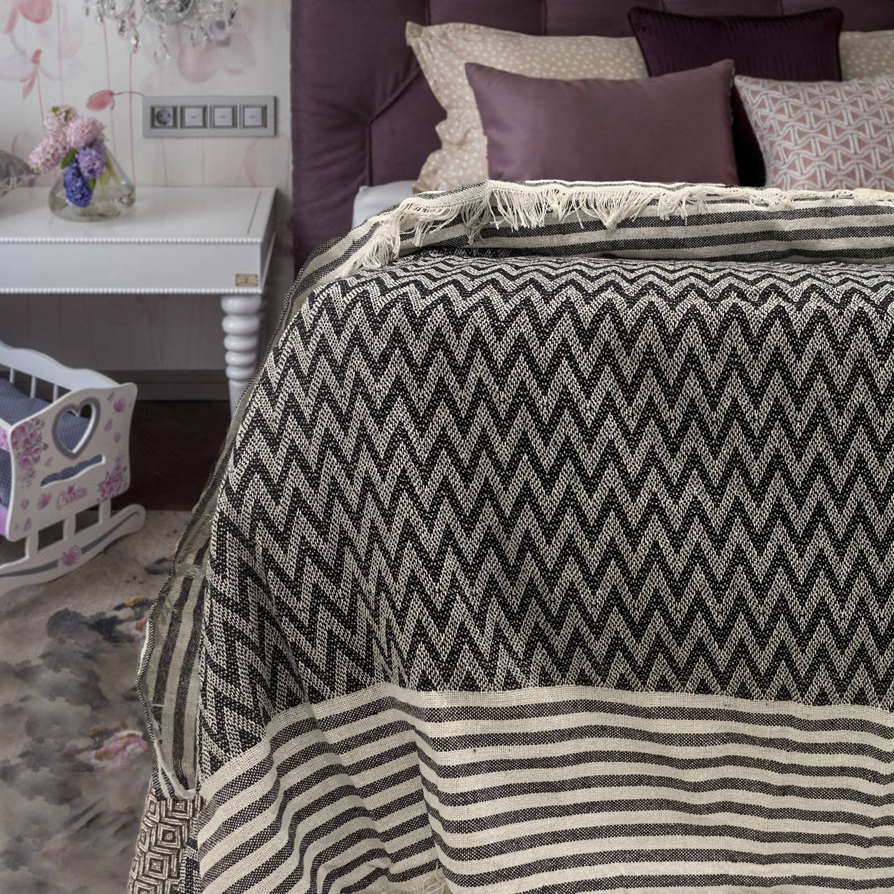 

Хлопковый плед, хлопковое покрывало PUSKULLU AMACLI 170x210. Черный