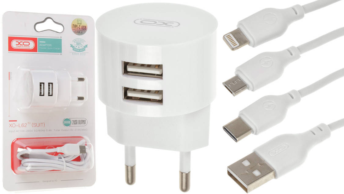 

Зарядное устройство XO L62 (2USB/2.4A) + USB - MicroUSB (25pc) (белый)