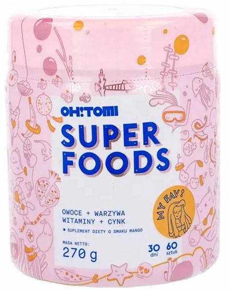 

Oh! Tomi SuperFoods Фрукты + овощи + витамины + цинк, мармеладки, ароматизатор манго, 60 штук 270 гр