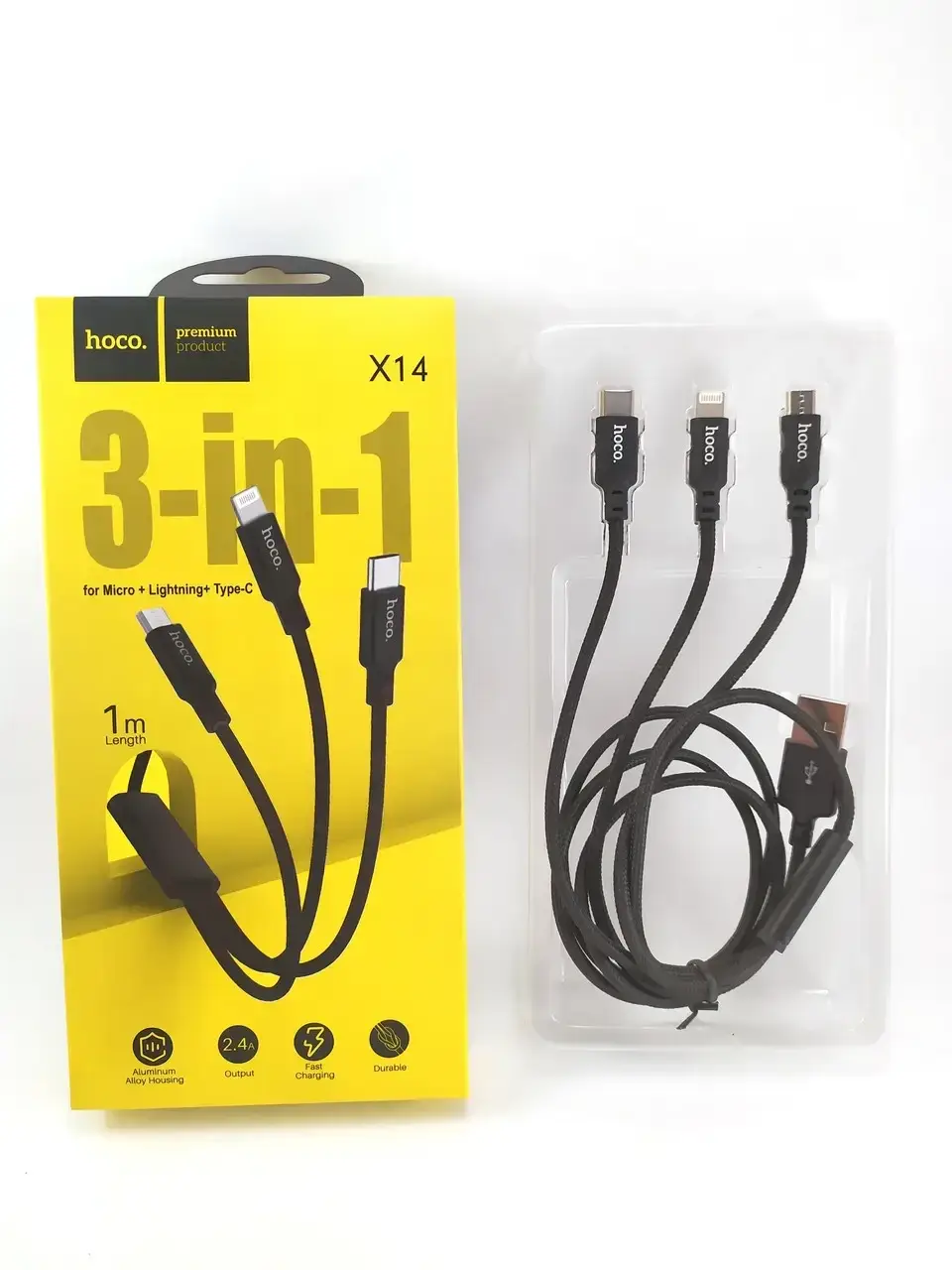 

Зарядный кабель 3 в 1 HOCO X14 Times speed (Lightning MicroUSB Type-C) 2A (1м) в тканевой оплетке, черный