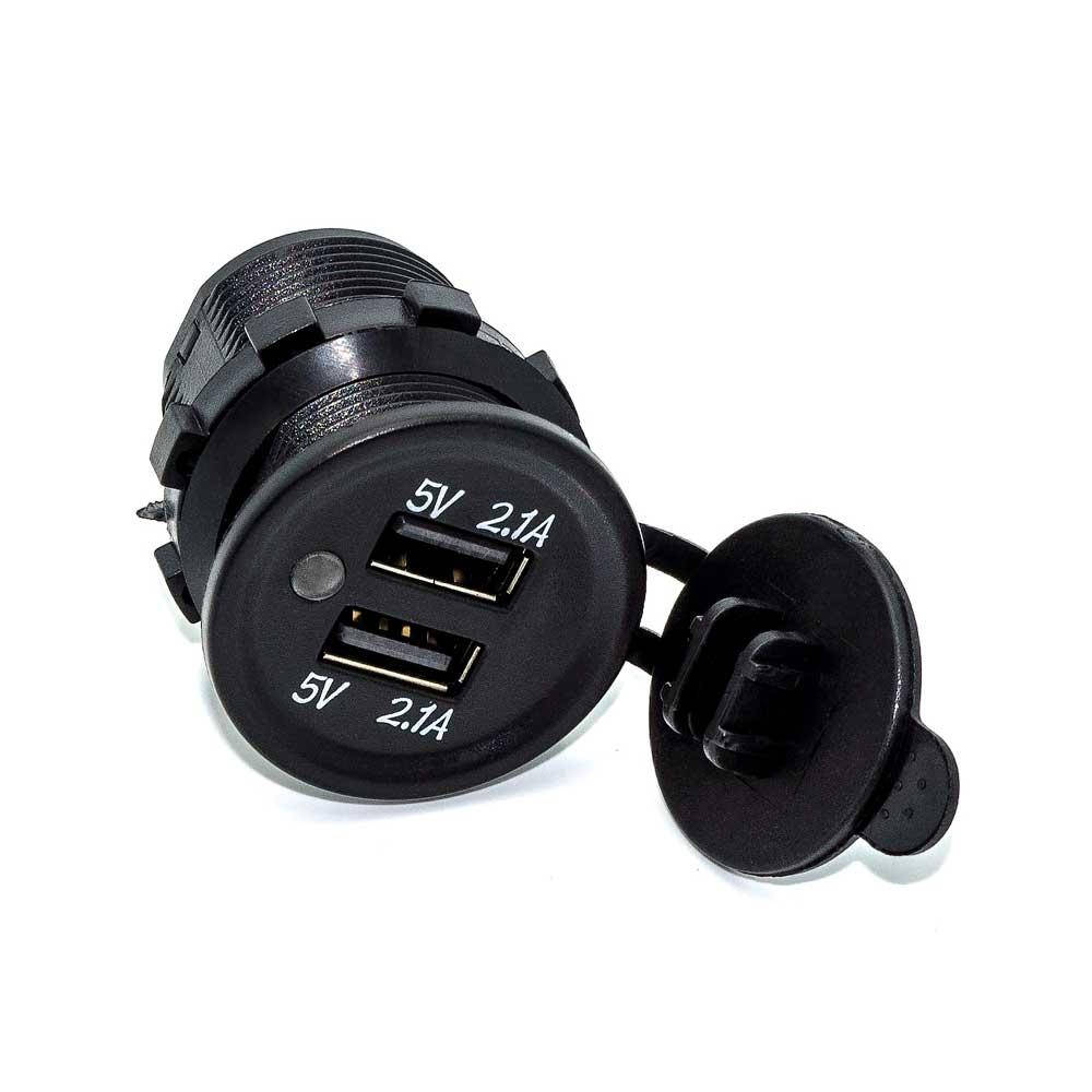 

АЗУ, гнездо USB на 2, монтажное диаметр 30мм, (вход 12V, выход - 5V, 2x2.1A), LED