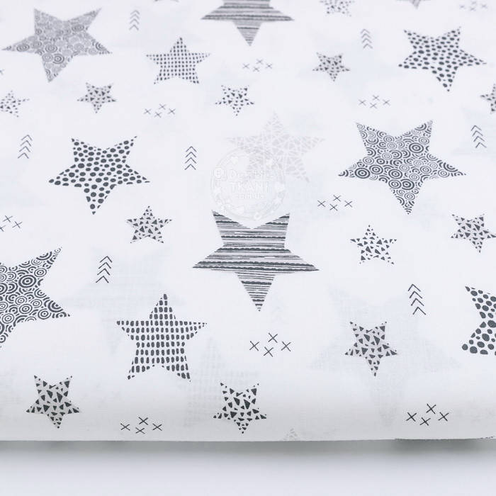 

Ткань хлопковая "Узорчатые звёзды" графитовые на белом (№2348), Серый