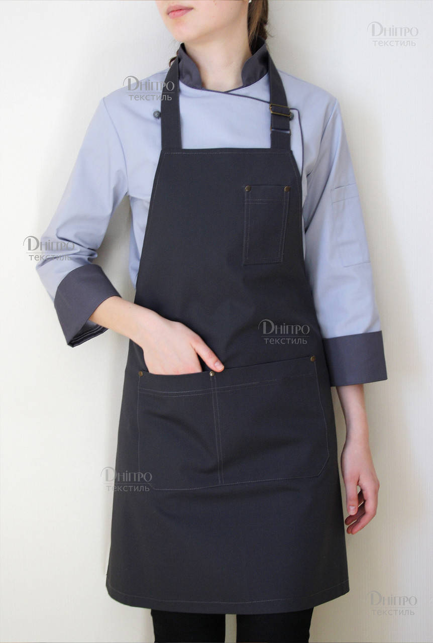 

СЕРЫЙ фартук для повара с нагрудником. Одежда для поваров