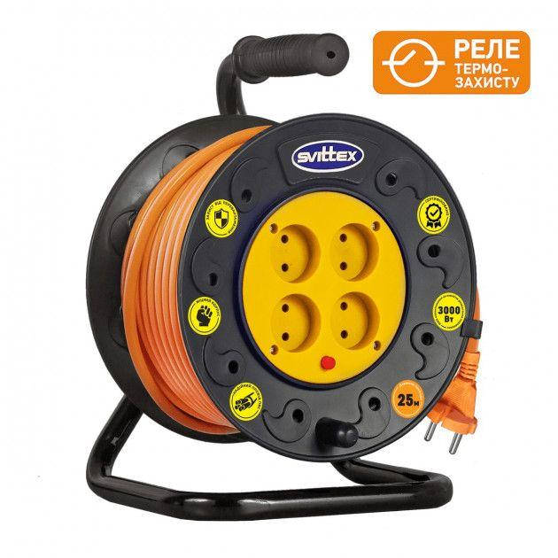 

Удлинитель на катушке SVITTEX 25м серия СТАНДАРТ (без з/к) 16А 220В с кабелем 2х1,5 с термозащитой SV-004