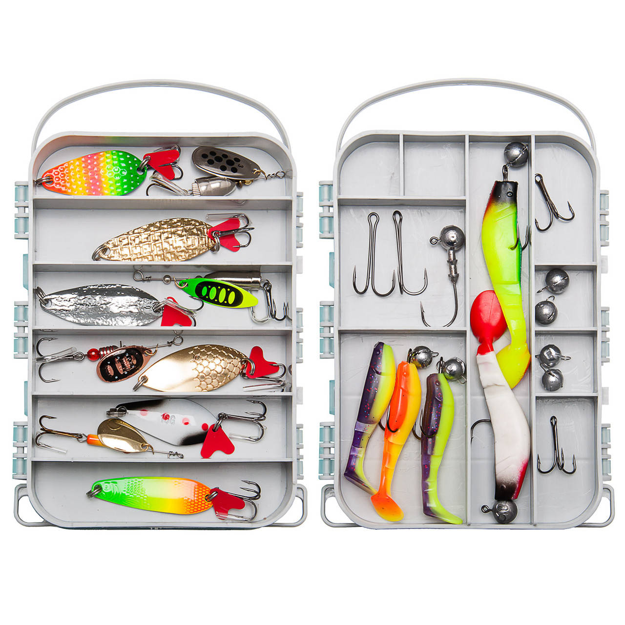 

Коробка рыбалка набор готовых силиконовых приманок блёсен на щуку хищника 2515 Aquatech двухсторонняя