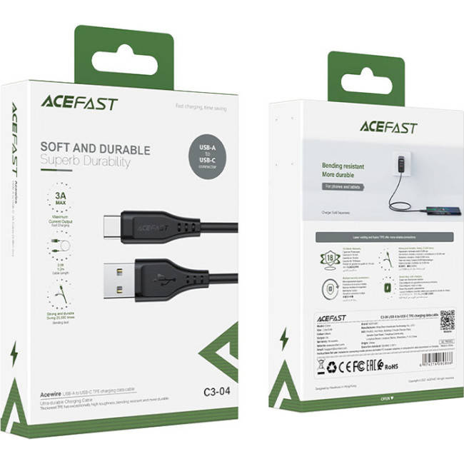 

Кабель быстрой зарядки ACEFAST C3-04 USB-A to USB-C Black 1.2 м (AFC3-04B) Гарантия!, Черный