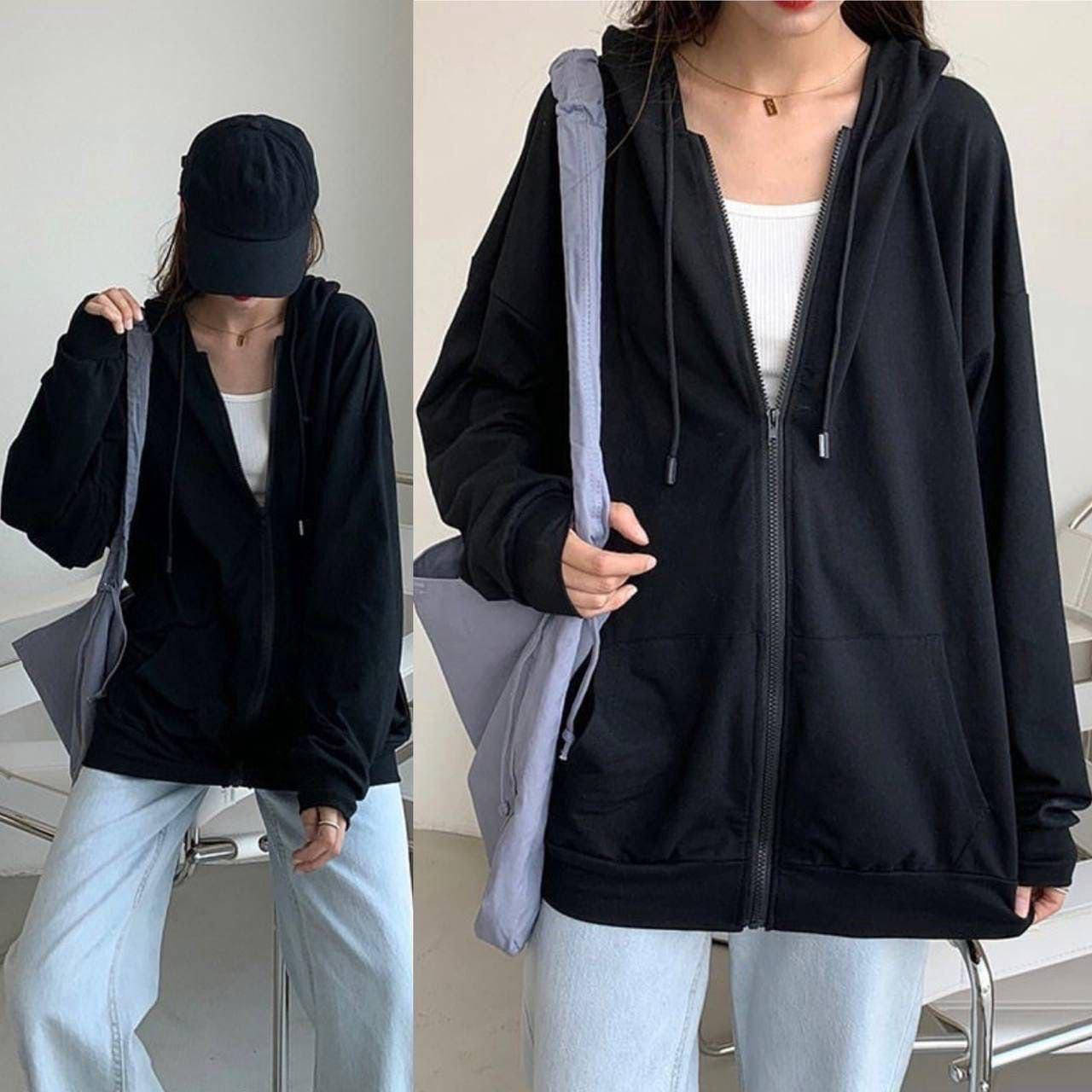 

Весенняя женская кофта oversize на молнии, с капюшоном и карманами черный