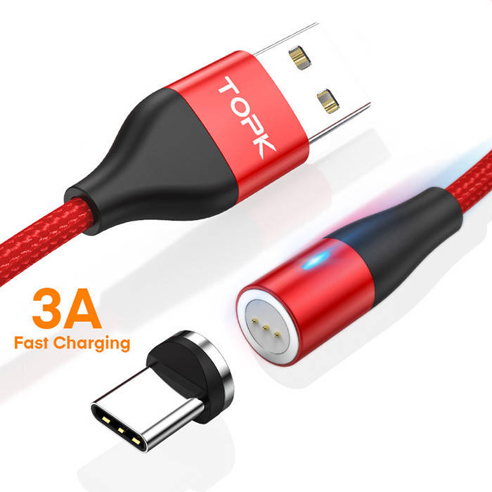 

TOPK AM60! Магнитный USB кабель 360° быстрая зарядка - 3 Ампера+ передача данных. Type C Красный