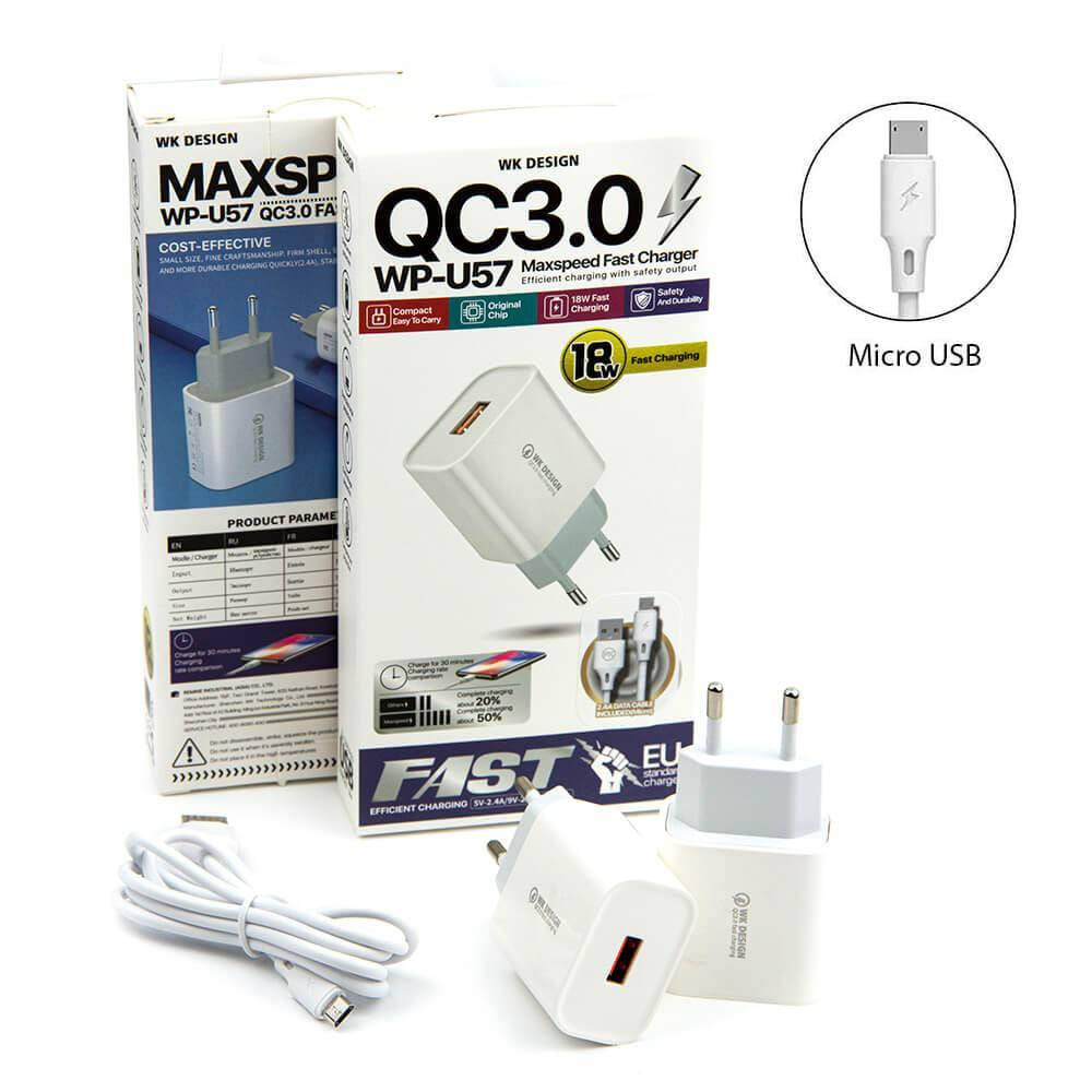 

Зарядное устройство WK WP-U57 QC3.0 с кабелем Micro-USB Fast Charging, Белый