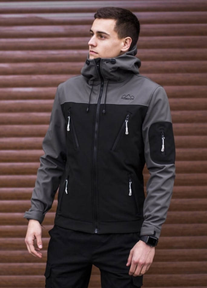 

Куртка мужская спортивная SoftShell с капюшоном стильная молодежная демисезонная осень весна серо-черная L