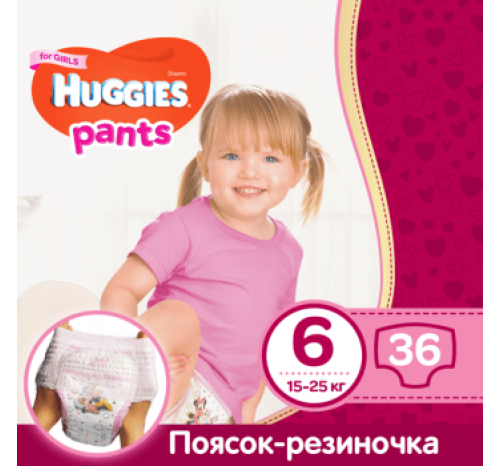 

ПОДГУЗНИКИ-ТРУСИКИ HUGGIES PANTS ДЛЯ ДЕВОЧЕК 6 (15-25 КГ), MEGA PACK 36 ШТ., Белый