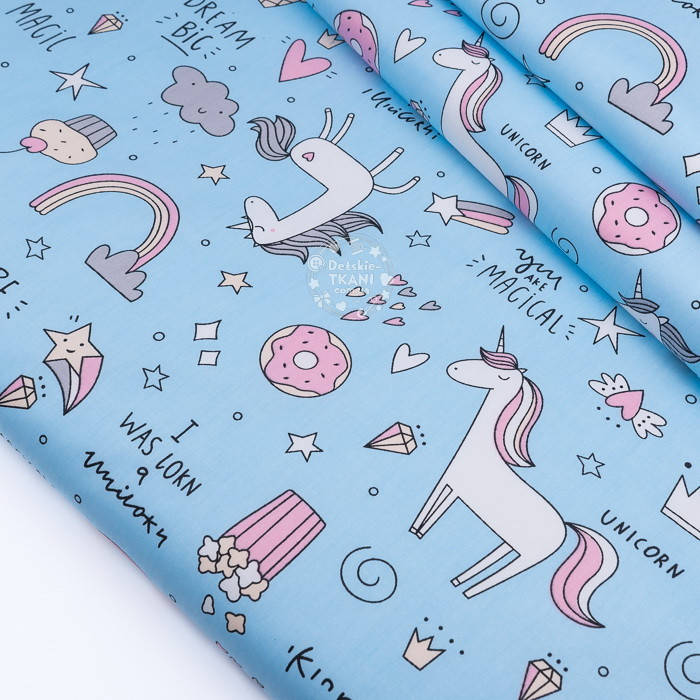 

Ткань сатин "Единороги с пончиками и кексами" на голубом, №3272с, Голубой