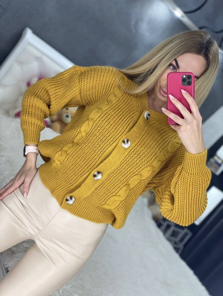 

Женский кардиган вязка шерстяной жёлтый на пуговицах короткий спущеными рукавами|Свитер кардиган для девушек, Желтый