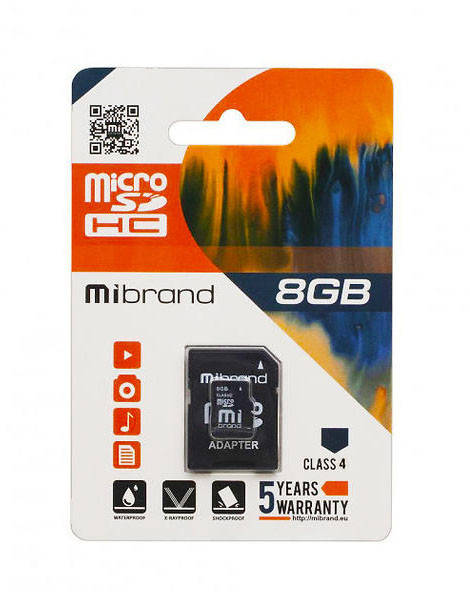 

Карта памяти microSDHC Mibrand 8 Гб С 4 + SD адаптер (MICDC4 / 8GB-A)