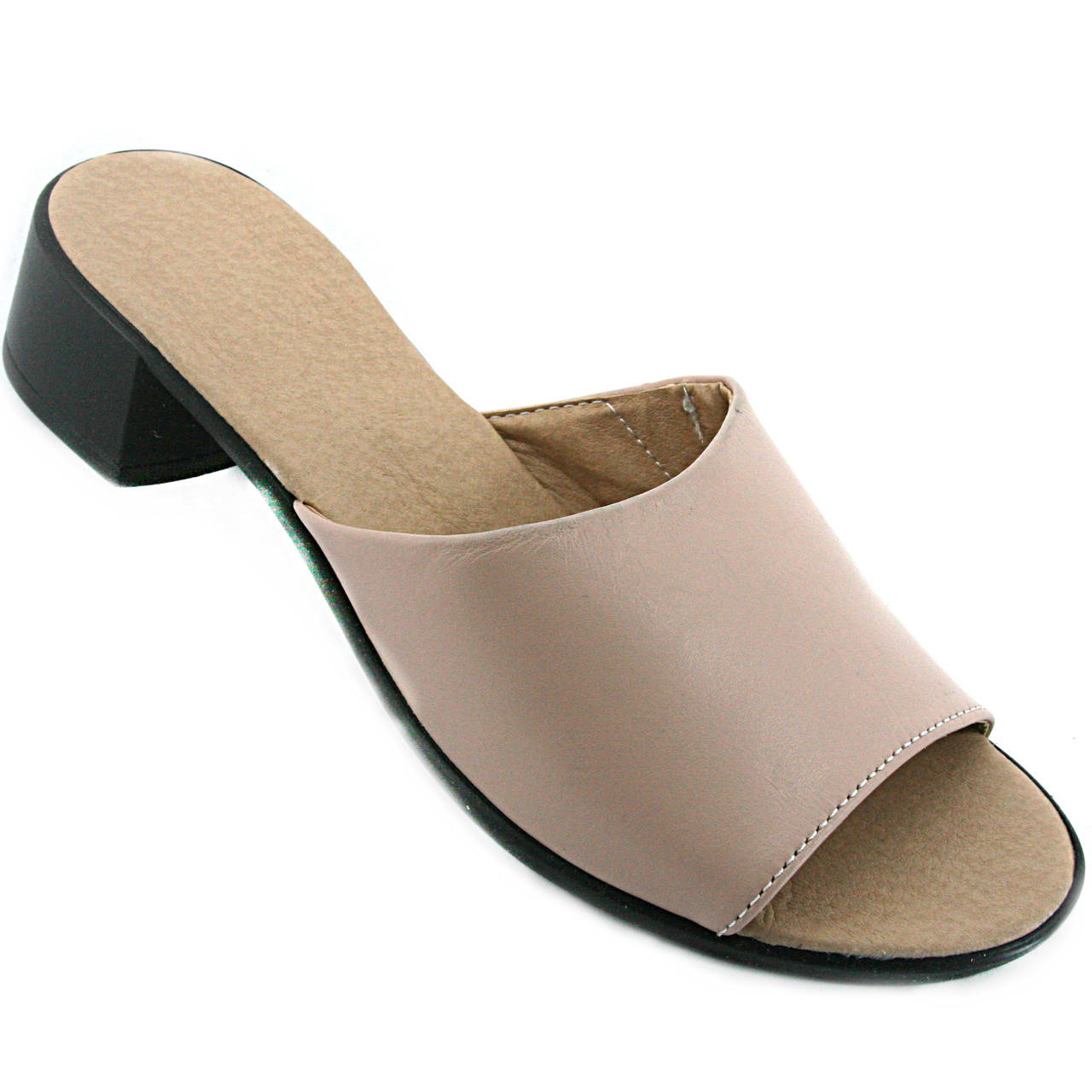 

Кожаные женские шлёпанцы цвета пудра на невысоком устойчивом каблучке классика недорого