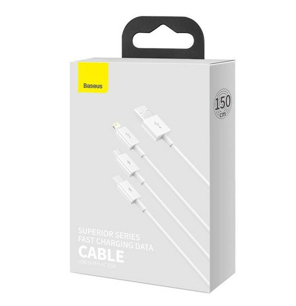 

Кабель Baseus Superior Series USB to M+L+C 3.5A 1.5m White, Белый