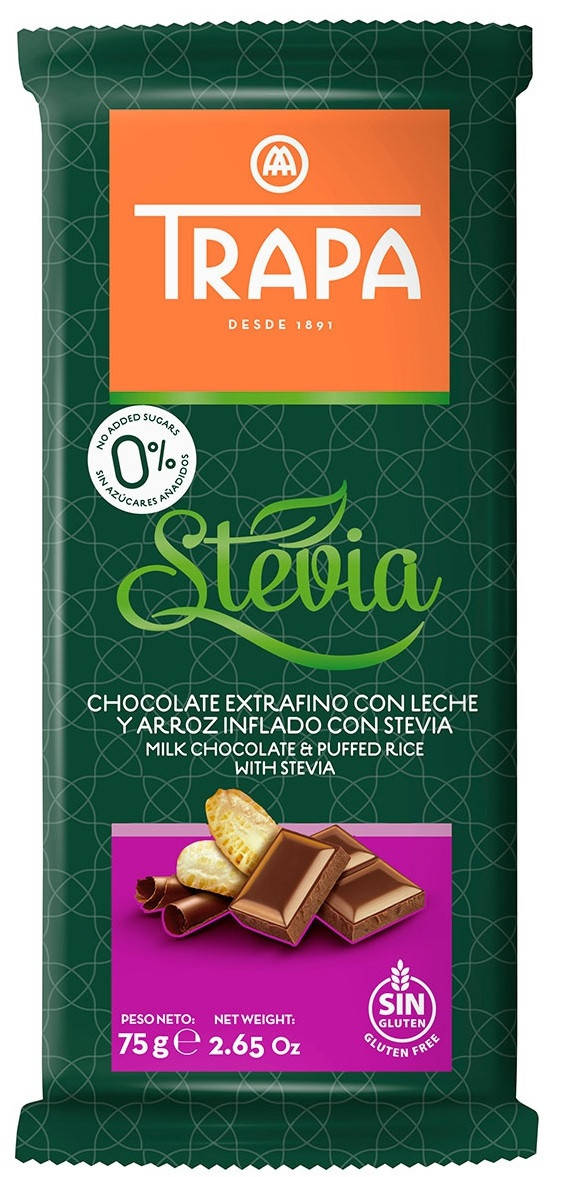 

Шоколад без глютена и без сахара Trapa Stevia "Молочный с рисовыми шариками" 75 г