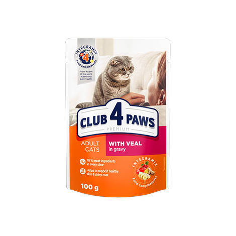 

CLUB 4 PAWS PREMIUM Клуб 4 лапы влажный корм для котов с телятиной в соусе, 100 гр.