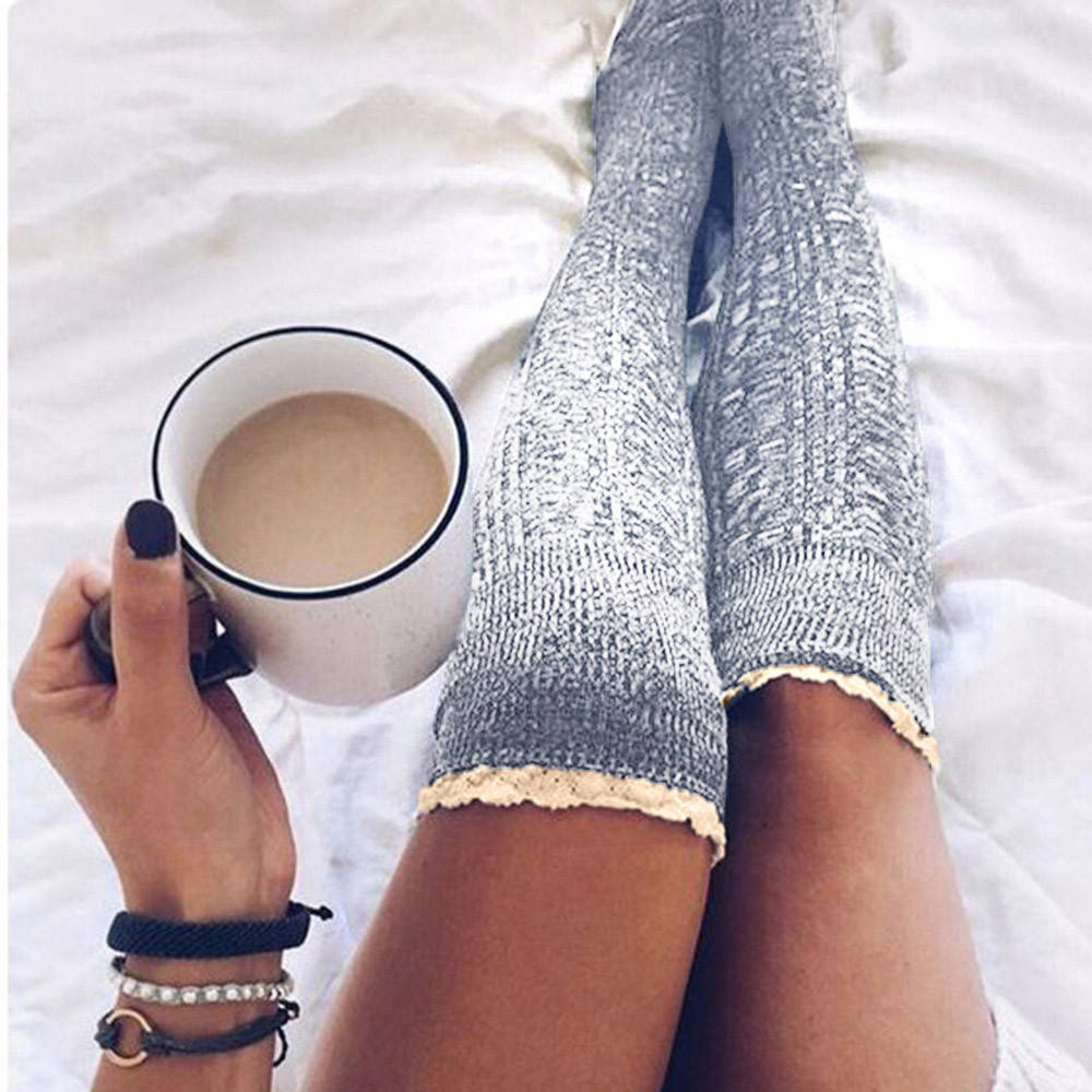 

Теплые чулки с кружевом, светло-серые