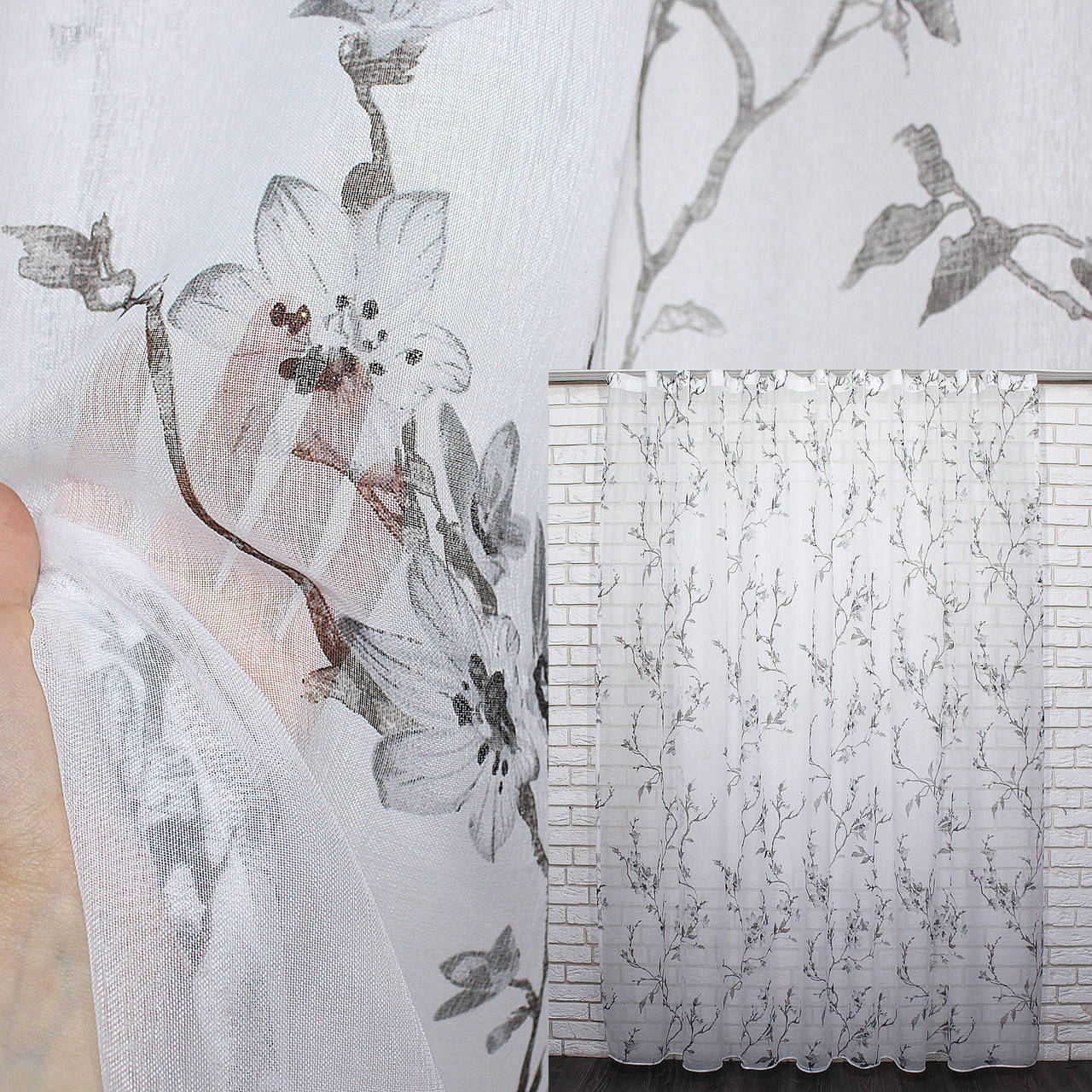 

Тюль батист с цветочным принтом. Цвет белый с черно-белым принтом. Код 918т