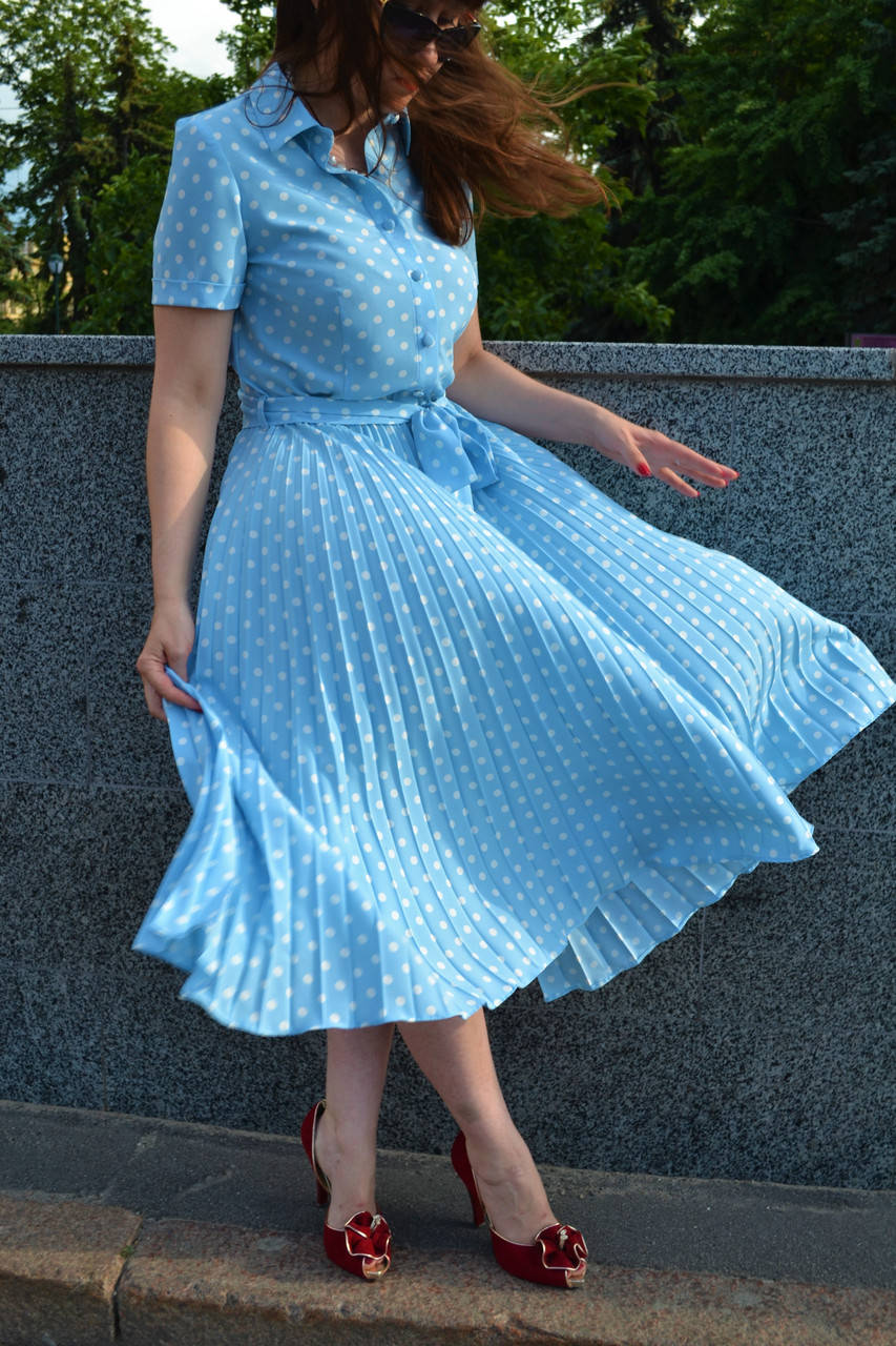 

Платье плиссе гофре солнце-клеш Голубой горошек