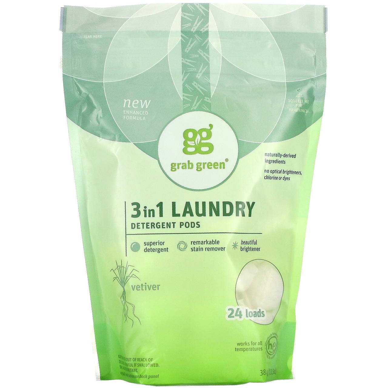 

Grab Green, Средство для стирки в порционных пакетах 3 в 1, ветивер, 24 загрузки, 15.2 унций (432 г)