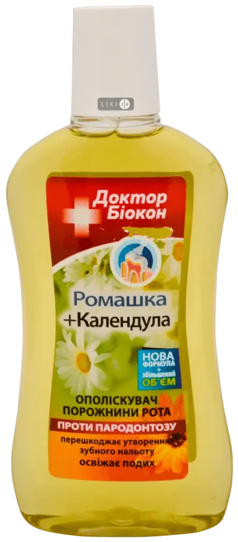 

Ополаскиватель полости рта Доктор Биокон Ромашка и календула против пародонтоза 300 мл