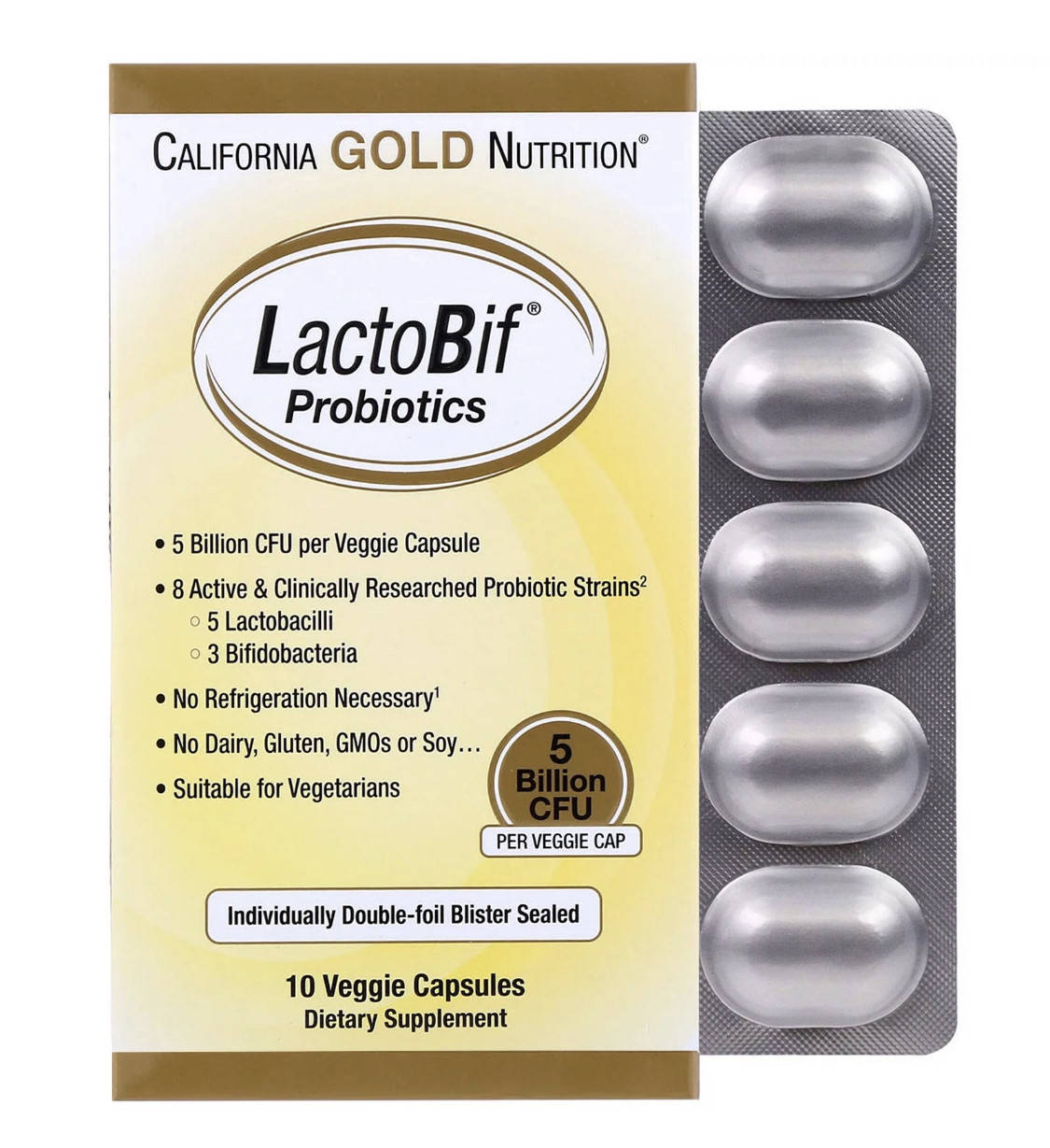 

California Gold Nutrition LactoBif, пробиотики, 5 млрд КОЕ, 10 растительных капсул