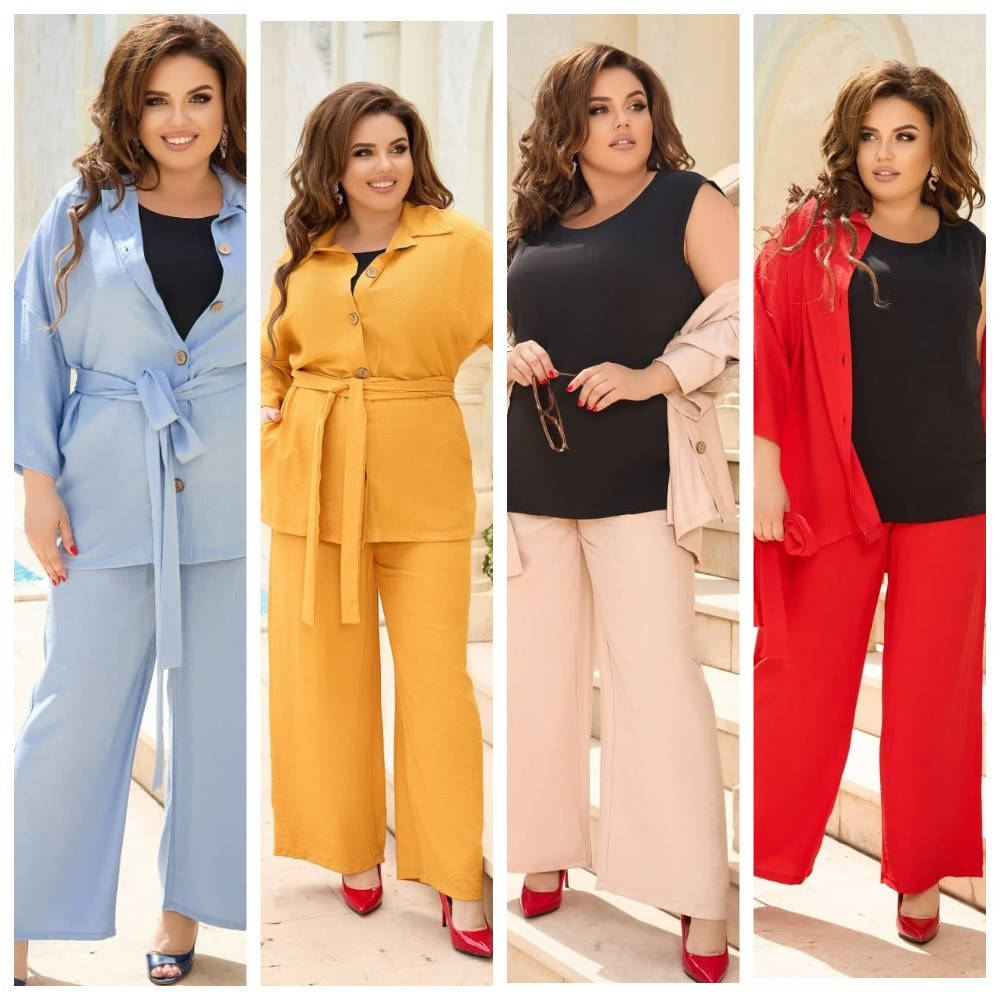 

Брючный костюм тройка брюки, майка и рубашка свободного силуэта весна-лето большие размеры, Бежевый