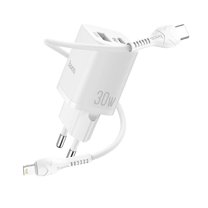 

Зарядное устройство с быстрой зарядкой + кабель Lightning HOCO N13 |1USB/1Type-C QC/PD 30W 3A| Белый