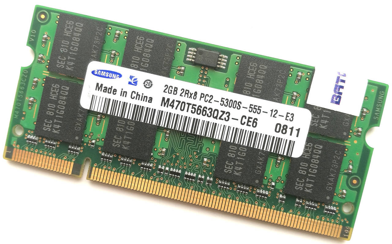 

Оперативная память для ноутбука Samsung SODIMM DDR2 2Gb 667MHz 5300s CL5 (M470T5663QZ3-CE6) Б/У
