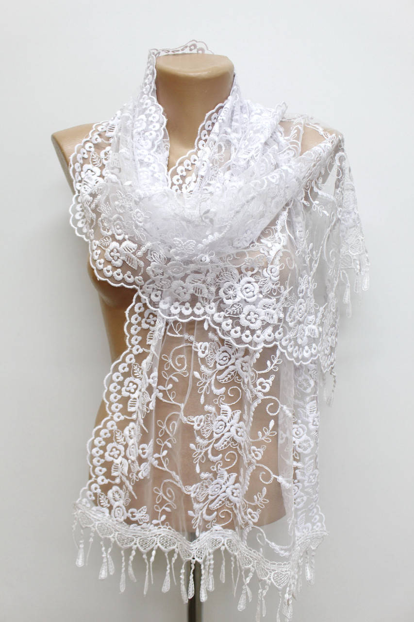 

Шарф білий весільний церковний ажурний 150003, Белый