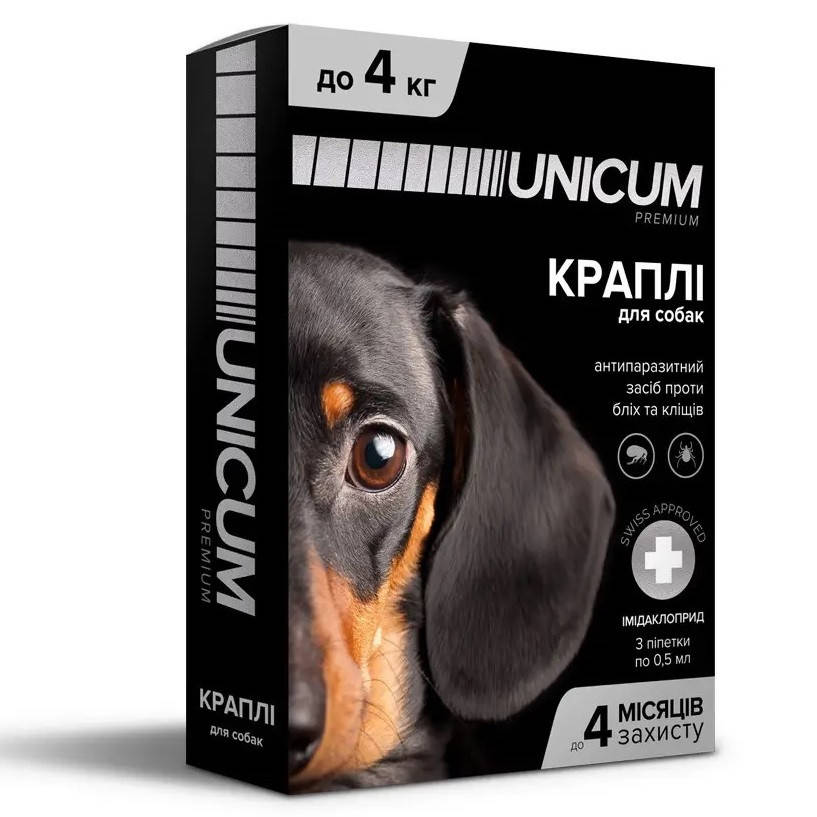 

Капли Unicum Premium от блох и клещей для собак массой до 4 кг, Прозрачный