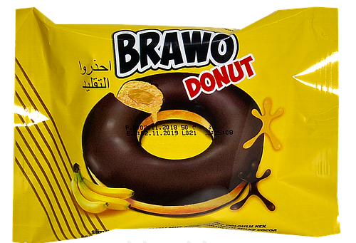 

Пончик BRAWO DONUT с банановой начинкой в какао-молочной глазуре 50 гр х 24 шт х 6 бл