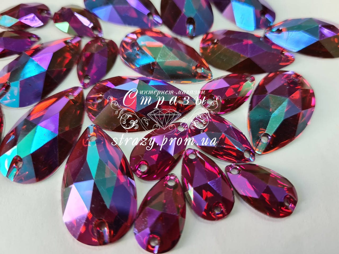 

Стразы пришивные Капля 17х28мм. Акрил Amethyst AB