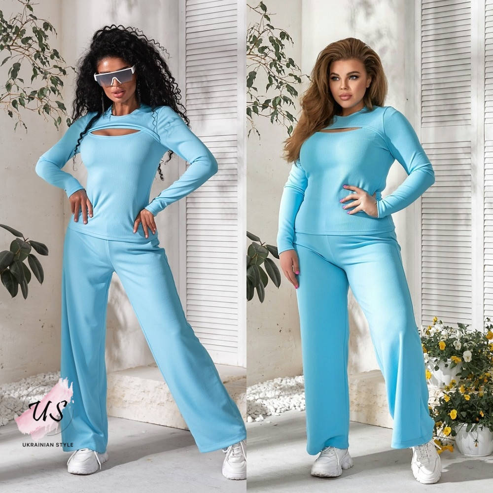 

Кежуальный женский брючный костюм с широкими штанами. 3 расцветки!, Голубой