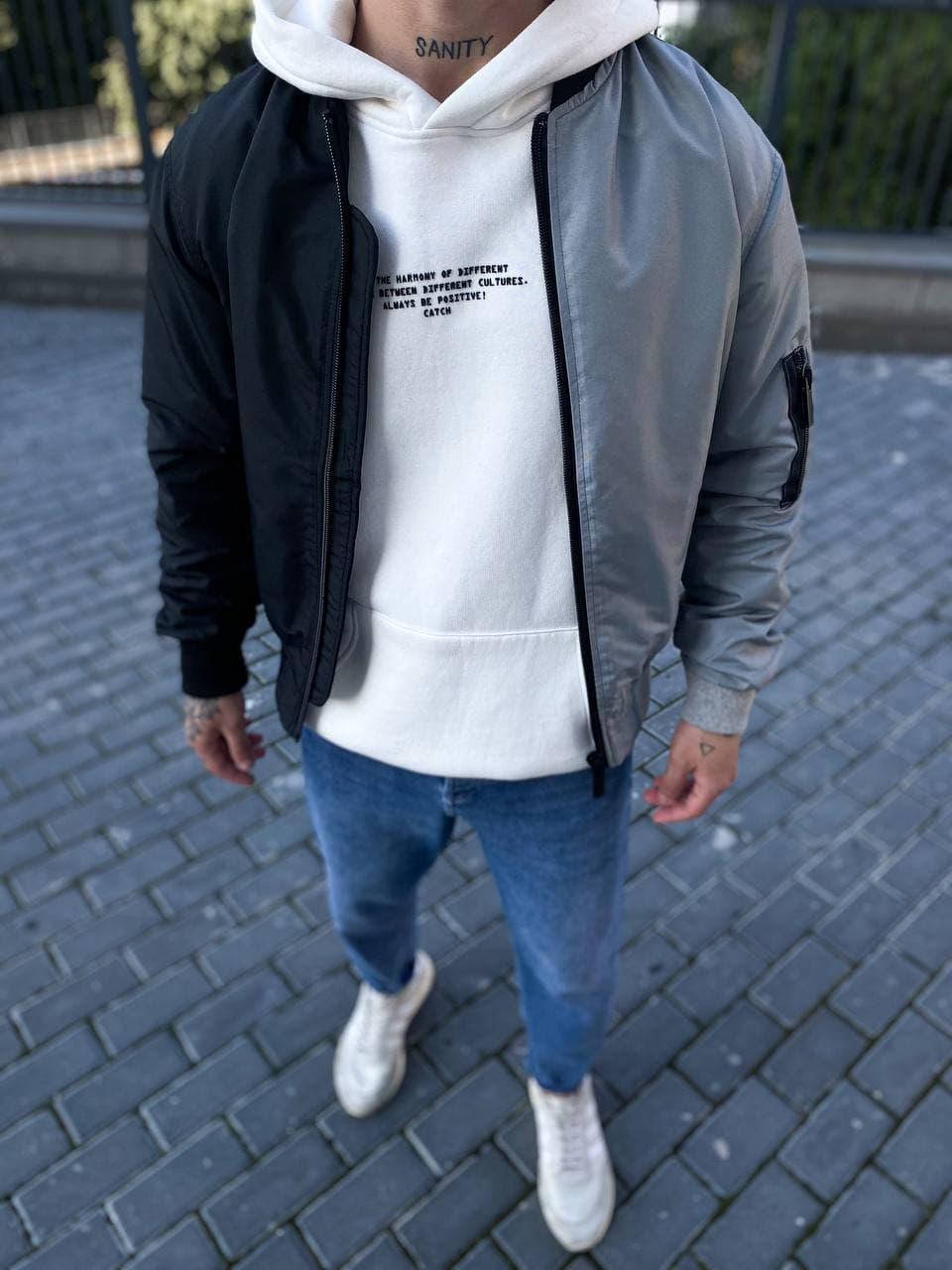 

Мужской стильный двухцветный бомбер на осень/весну серый/чёрный. Мужская двухцветная куртка XL