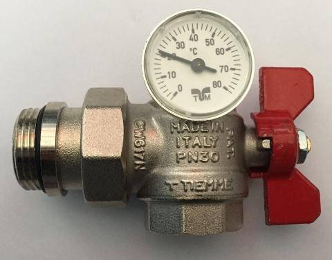 

Кран угловой шаровый с американкой 1 "(25мм) с термометром Tiemme Made in Italy