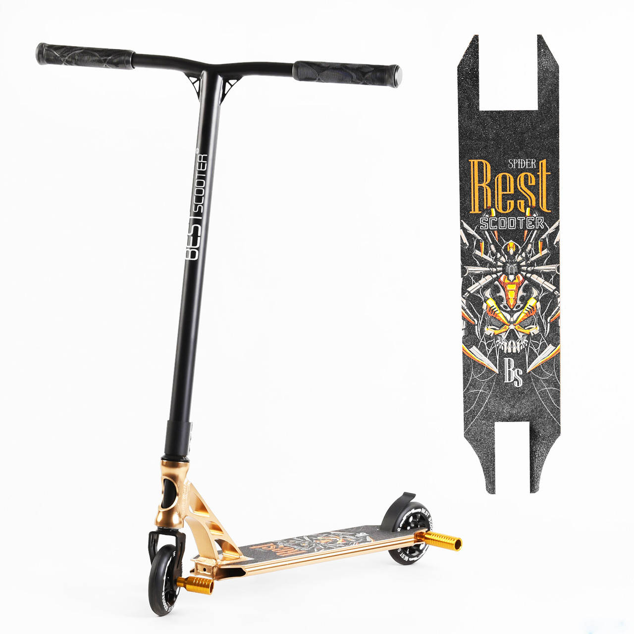 

Детский трюковый самокат Best Scooter HIC-система ПЕГИ анодированная покраска Паук оранжевый 1