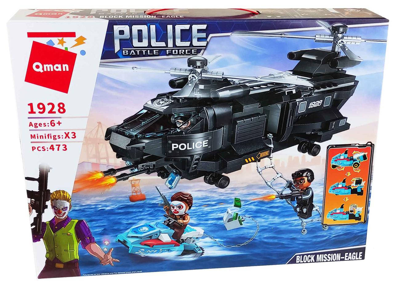

Конструктор Qman Полицейский вертолет спецназа. Миссия орёл Police Battle Force 473 детали 1928 6+