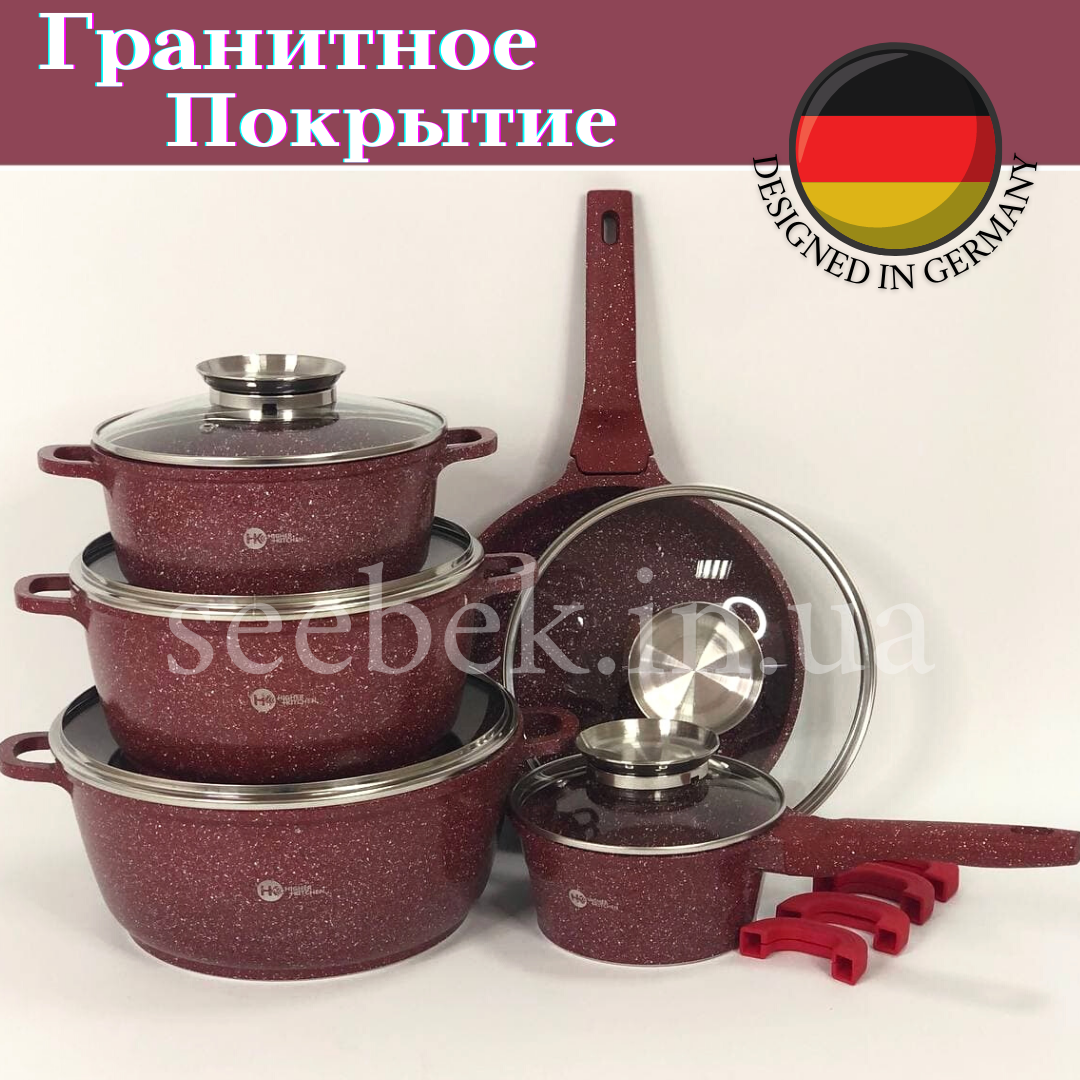

Набор кухонной посуды с гранитным антипригарным покрытием Higher Kitchen HK-305, Набор кастрюль, Красный