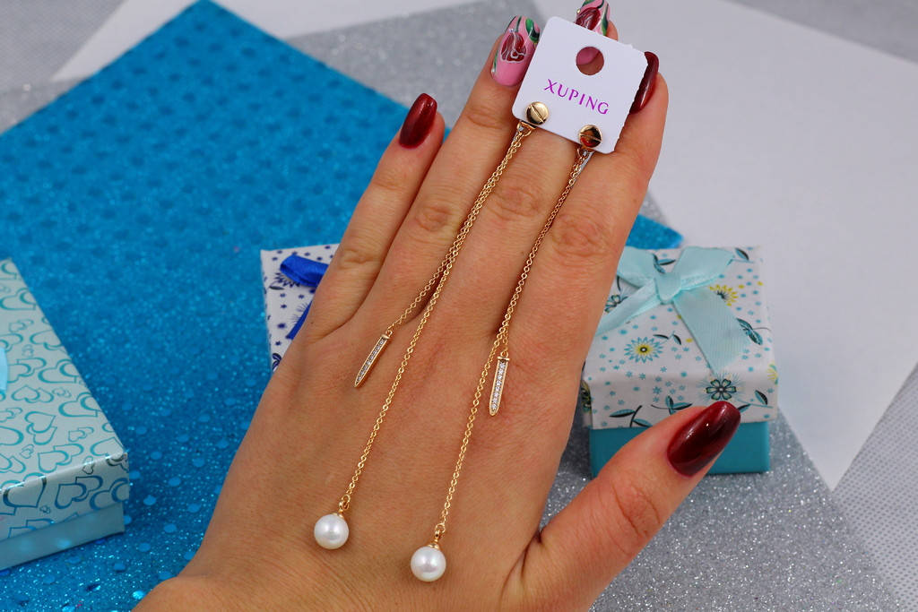 

Серьги подвески Xuping Jewelry с жемчугом 11.5 см золотистые