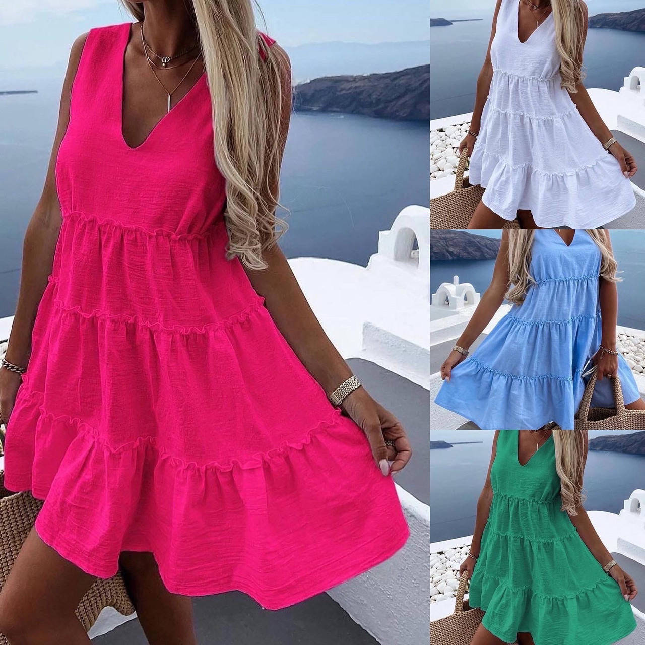 

Платье летнее свободное короткое мериканский креп голубой, белый, малина, трава 42-44; 46-48