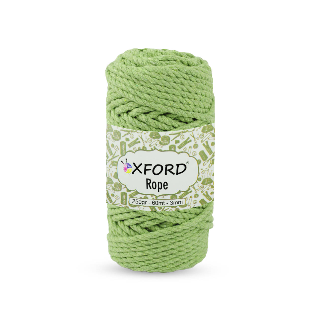 

Хлопковый шнур макраме крученый Oxford Rope. Светло-зеленый. 250 г, 60 м, 3 мм