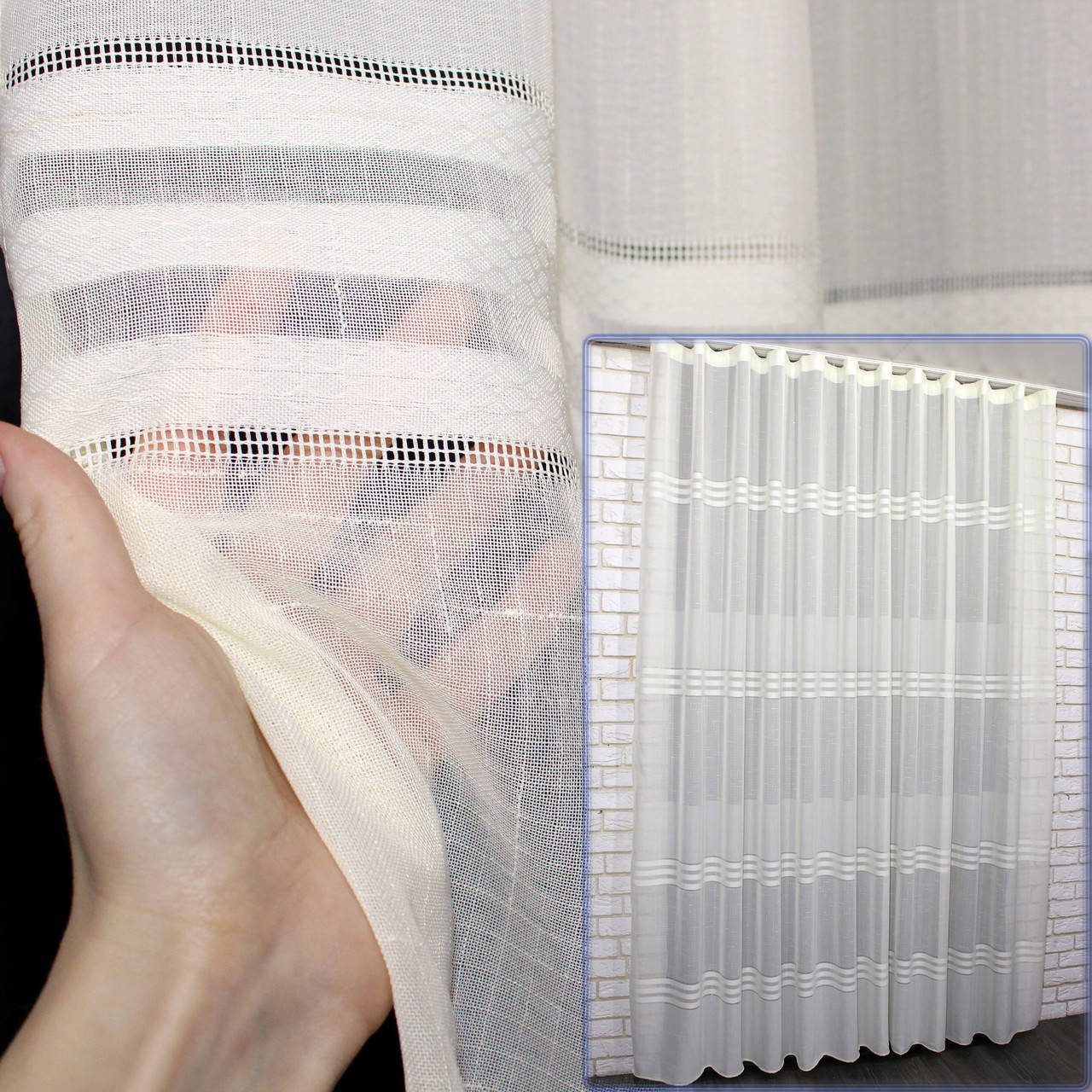 

Тюль лён полосы, цвет кремовый. Код 1042т