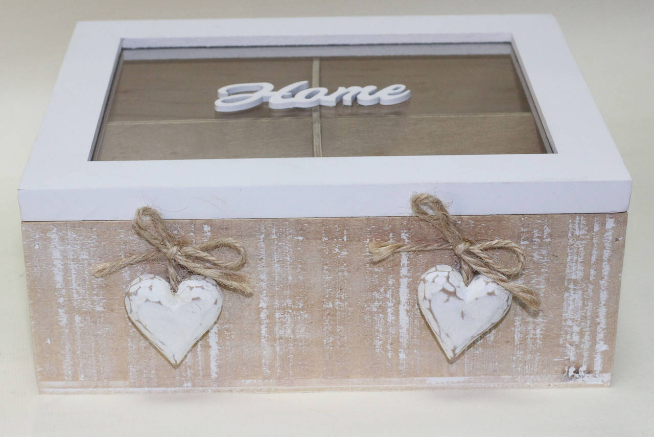 

Коробка деревянная для чая, белая с сердечками, 4 отделения, 20х16х8, Белый